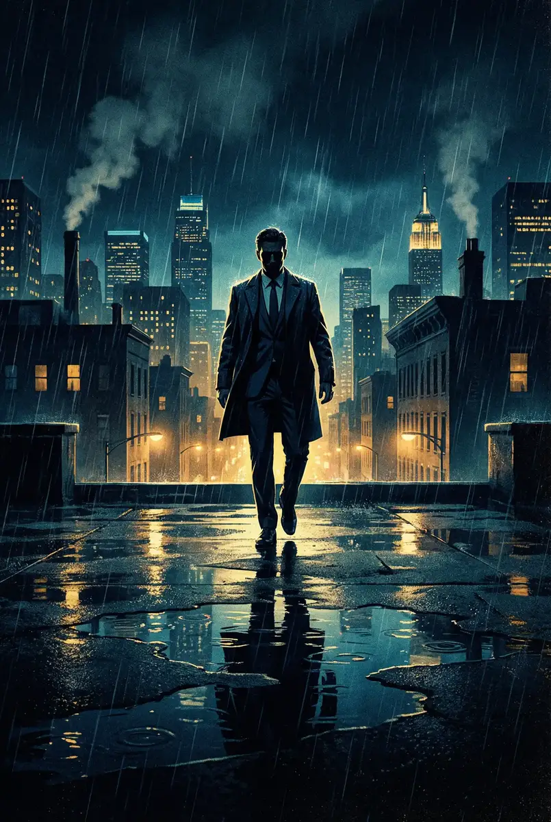 快播电视剧网 出品影片《雨夜独行者》海报，雨中城市屋顶男性剪影